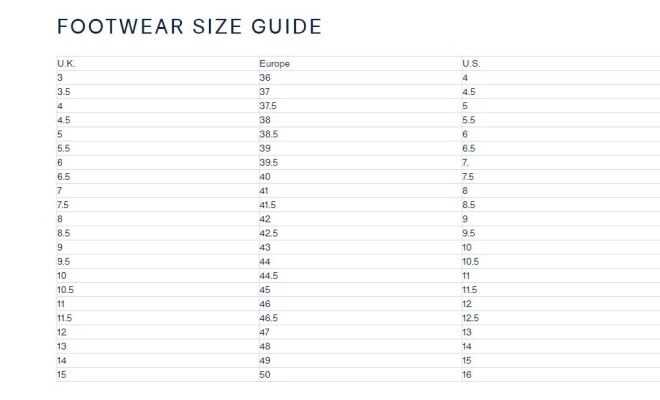 Size Guide Fila Footwear